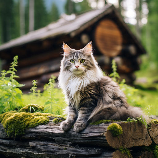 Norwegian forest cat in front of a log cabin