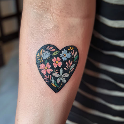 Black heart with soft pastel floral accents for a tattoo