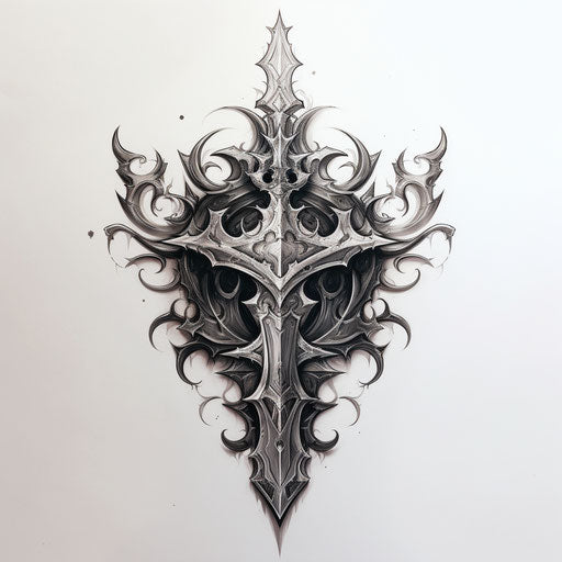 Tattoo sword and shield in light grey and white, sharp edges