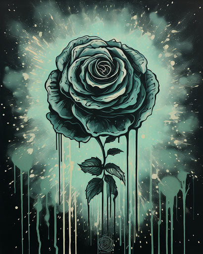 Black rose on green water, chicano-inspired, ink washes