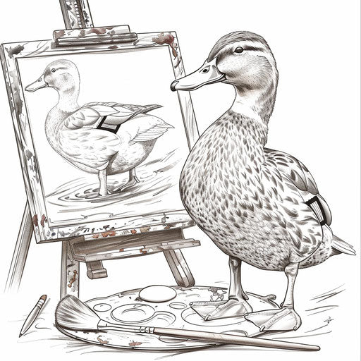 Duck painting on canvas with palette and brush. Coloring book page