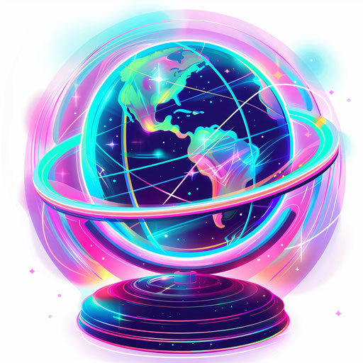 Futuristic flat tattoo sketch of a holographic globe with neon continents, vibrant pinks and blues, clipart style