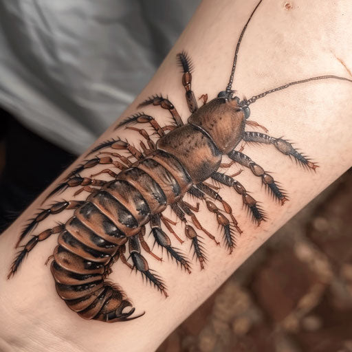 Hyper-realistic centipede tattoo with shadows and highlights
