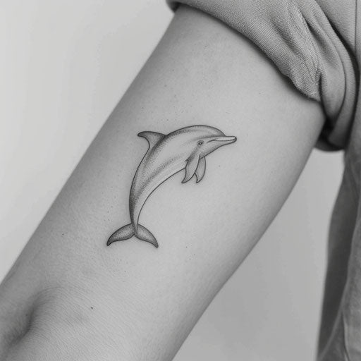 Minimalist black line dolphin tattoo on pure white background
