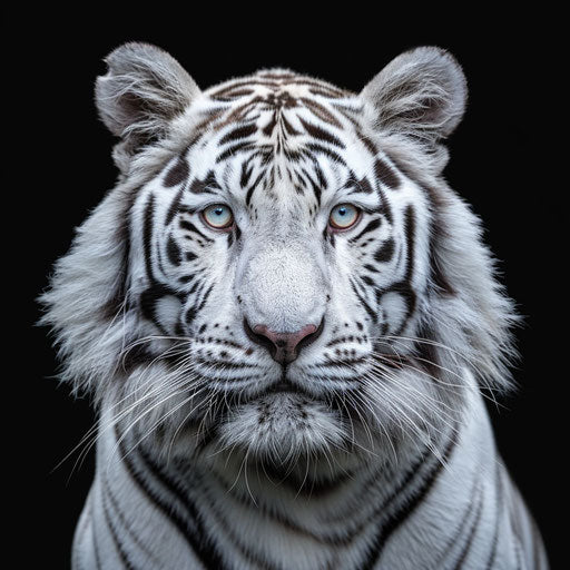 White tiger with black stripes, symmetrical portrait