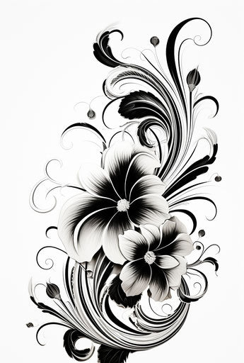 Black and white floral design with swirls, gestural calligraphic style, nature-inspired art nouveau