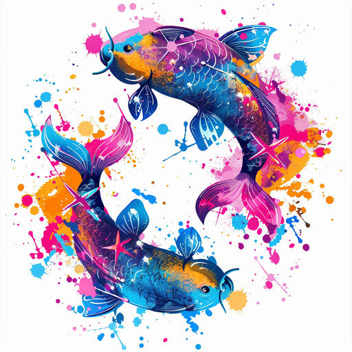 Pisces constellation with vibrant splashes and quirky star shapes
