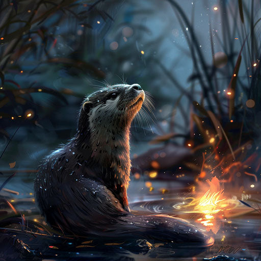 Solemn otter gazing into the firelight by the river