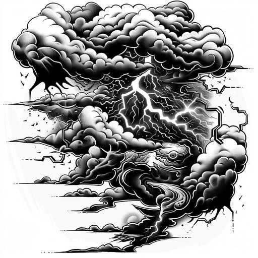 Intricate tattoo sketch of a thunderstorm scene with dark clouds and lightning in flat design