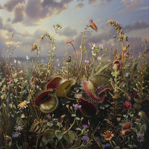Venus flytrap capturing insect among wildflowers