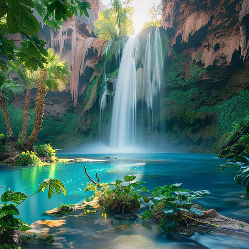 Havasu Falls surrounded by vibrant tropical vegetation