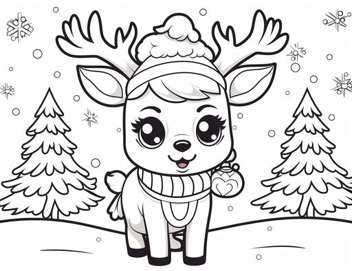 Reindeer coloring page for Christmas, kawaii art style