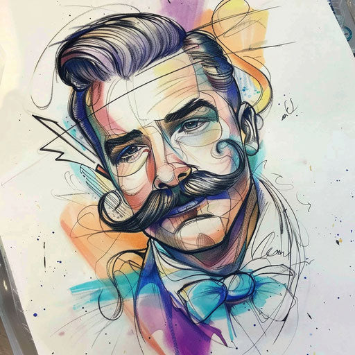 Pastel-colored tattoo sketch of a dapper mustache with dreamy vibes and gentle hues