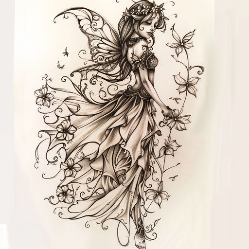 Art Nouveau inspired fairy tattoo design with elegant floral patterns on white canvas