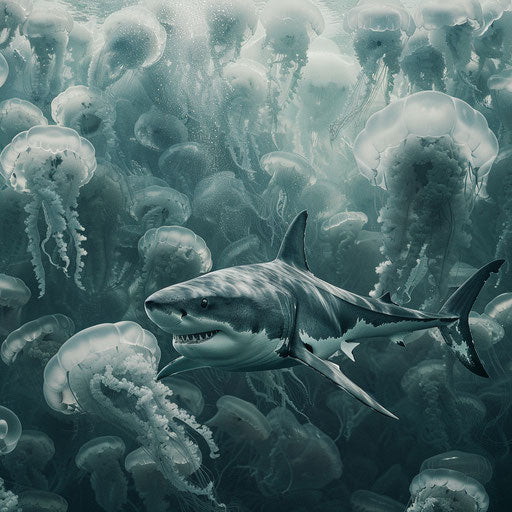 Great white shark swimming in a school of jellyfish