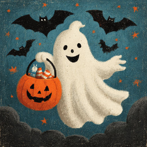 Mischievous ghost with candy bucket and flying bats