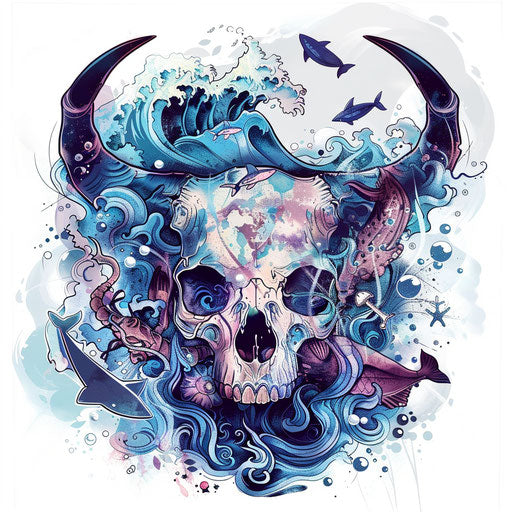 Marine-themed bull skull tattoo with ocean waves and sea creatures