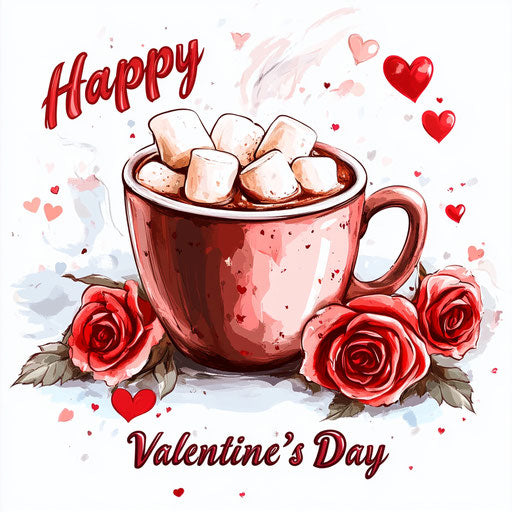 Hot chocolate with marshmallows and roses for Valentine's Day