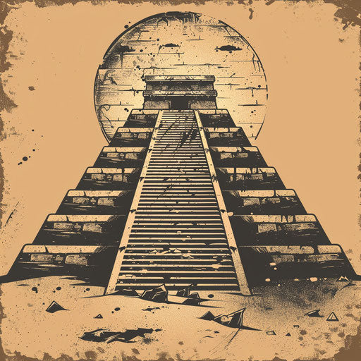 Stair pyramid in historical setting, rustic tattoo style