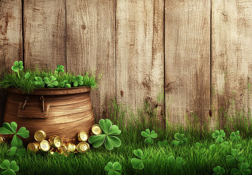 St. Patrick's Day banner with green grass, pot of gold, and clover leaves on wooden background.