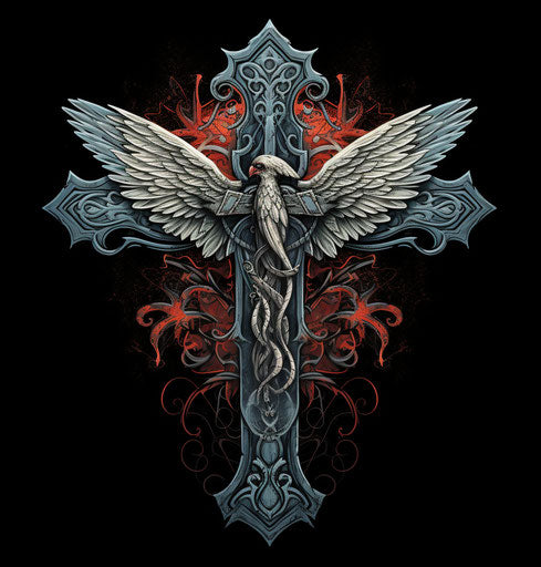 Christian cross with wings and tribal cross symbol, woodcut and linocut style, romantic graffiti, detailed anatomy, sharp/prickly cobra, rustic realism, illustration 73:76