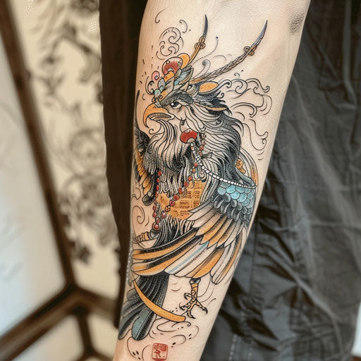 Pastel tattoo sketch of a Tengu with gentle hues and dreamy vibes