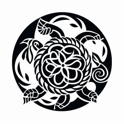 Turtle tattoo with swirl in circle, black-and-white block print style