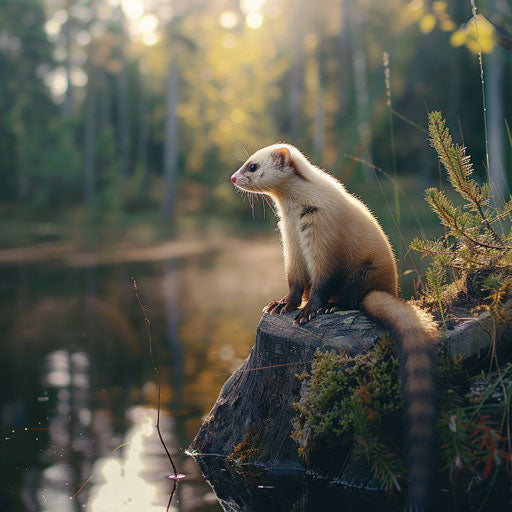 A ferret exploring the edge of a serene lake in the style of Frans Lanting