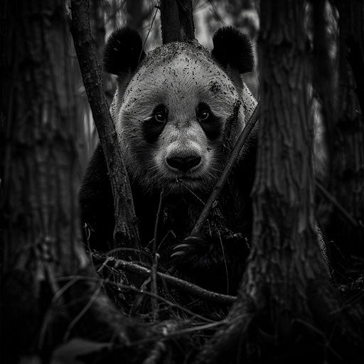 Giant panda in a dramatic monochrome forest