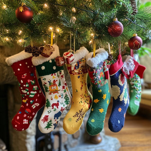 Christmas socks with eco-friendly toys under twinkling tree