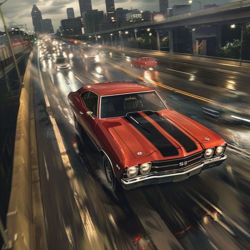 High-speed chase in city expressway with Chevrolet Chevelle SS 1969