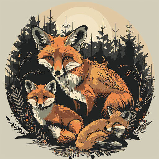 Family of foxes in the forest