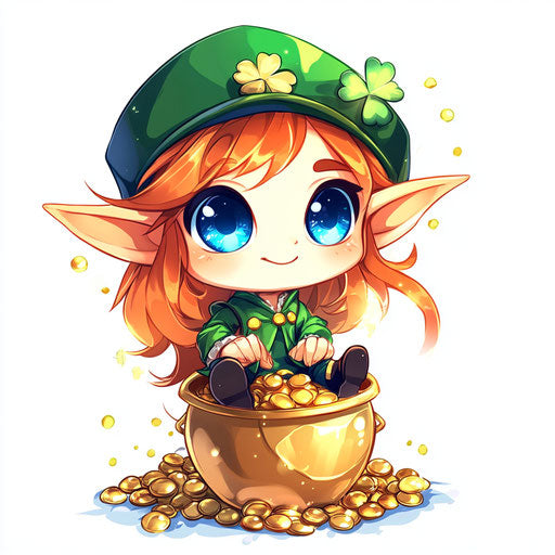 Cute leprechaun on pot of gold, chibi kawaii style