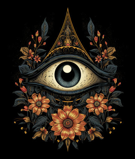 All seeing eye on black background with contemporary floral symbols