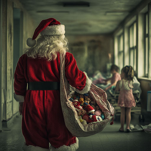 Santa Claus visits a hospital with a bag full of toys and games, bringing smiles to children's faces.