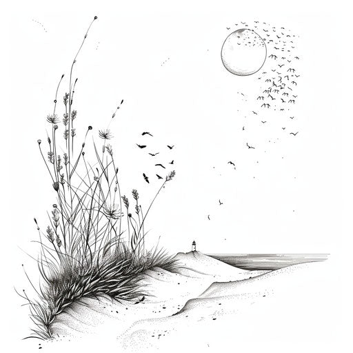 Tattoo design of a beach with dunes and a distant lighthouse