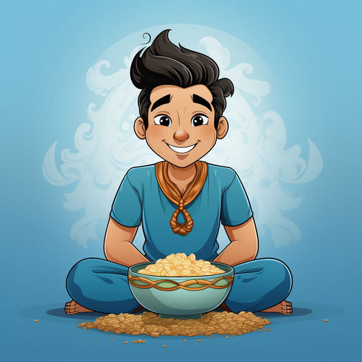 Cartoon character in blue shirt next to bowl of rice in Indian pop culture style