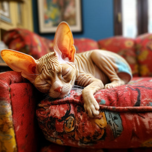 Devon Rex cat asleep on a couch