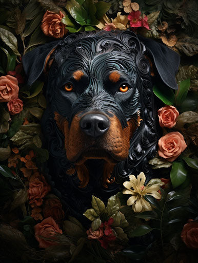 Rottweiler dog in exaggerated nobility on the ground and in the trees