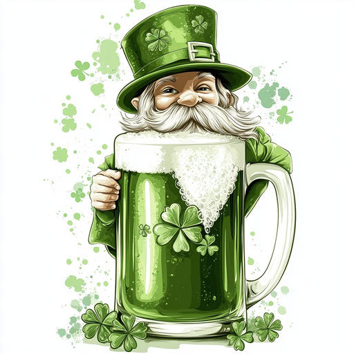 St. Patrick's Day Sublimation, cute leprechaun gnome with shamrocks and green beer mug, cartoon illustration
