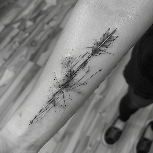 Sporty arrow tattoo, symbolizing speed and precision, dynamically streaking across a white canvas