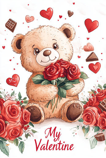 Valentine's Day card with cute teddy bear, roses, and hearts