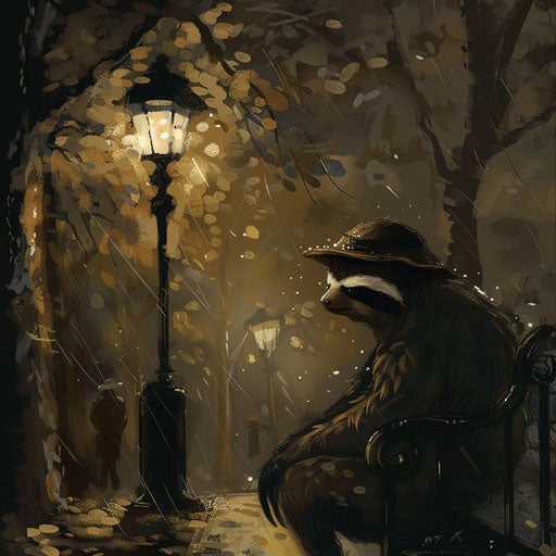 A sloth in a detective noir setting, under a streetlamp, solving the case of the missing nuts.