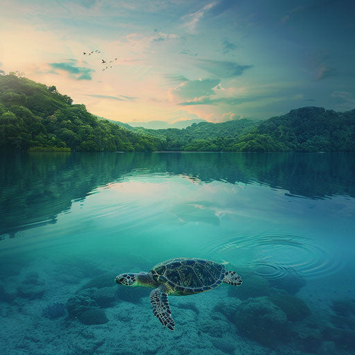 Green sea turtle in calm lagoon surrounded by lush islands