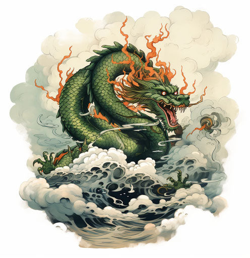 Green dragon on a cloud with smoke and rain