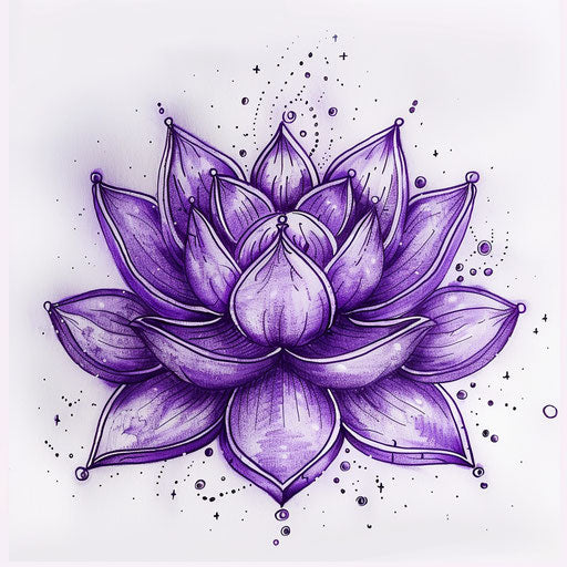 Violet Crown Chakra tattoo design, lotus flower merging with cosmic energy on white background