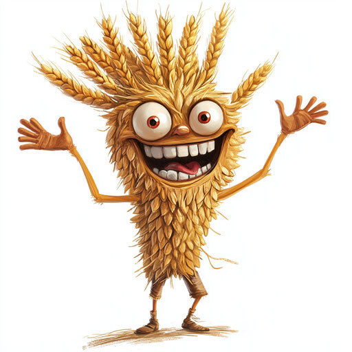 Humorous caricature of a wheat with human characteristics