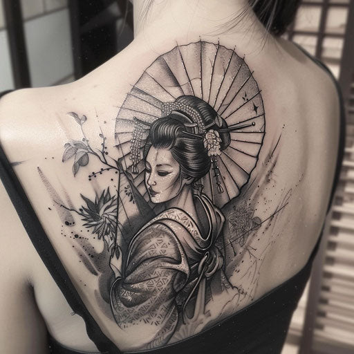 Monochrome geisha tattoo with detailed texture and shading