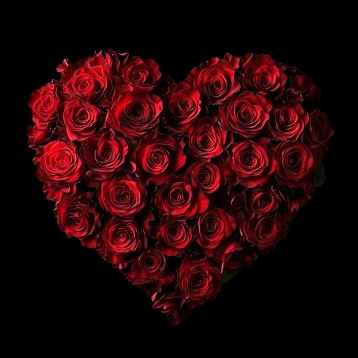 Heart-shaped arrangement of red roses, isolated on white background