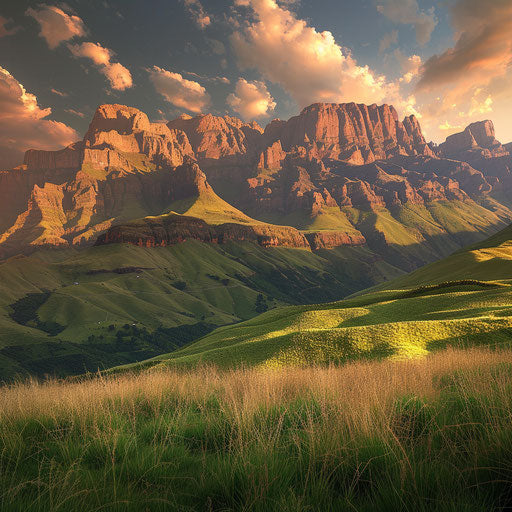 Drakensberg mountains bathed in golden hour light